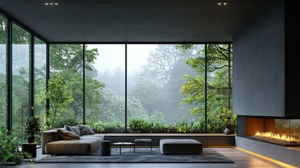 Modern Luxury Living Room with Fireplace and Forest View, Serene Interior Design