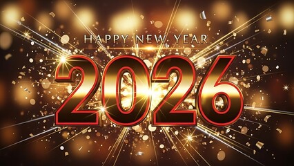 Naklejka premium Happy new year 2026 with golden shimmer, confetti, and bright festive lights background