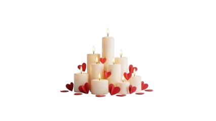A pyramid of white candles with red heart shapes on and around them isolated on transparent background