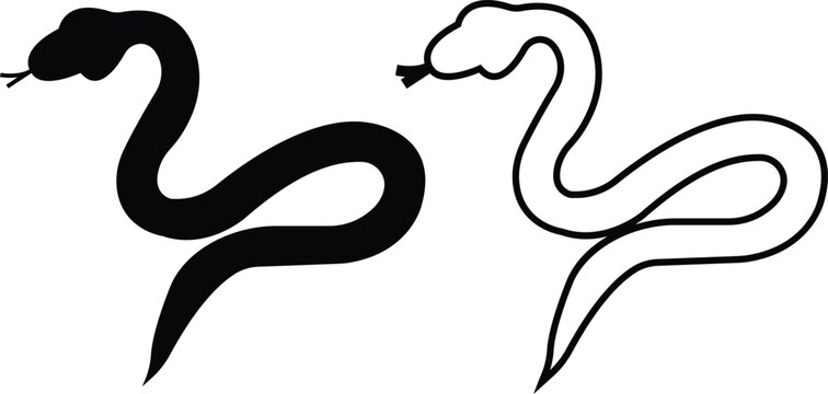 Black snake icon set in flat and line style, serpent silhouette and outline collection featuring coiled, crawling and abstract snake shapes, minimal monochrome vector graphic group
