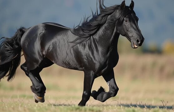 Beautiful black stallion horse running fast across grass field with flowing mane