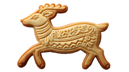 A brown wooden toy horse and cow animal decoration set featuring a gold reindeer ornament isolated on white as a Christmas symbol object