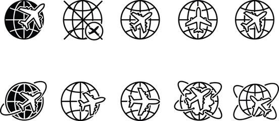 Set of black linear icons featuring airplanes flying around globes representing international travel global logistics flight routes and worldwide aviation. © Its Ariful 