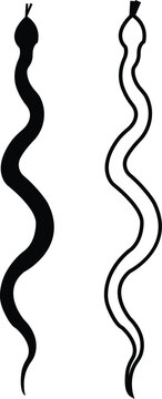 Black snake icon set in flat and line style, serpent silhouette and outline collection featuring coiled, crawling and abstract snake shapes, minimal monochrome vector graphic group