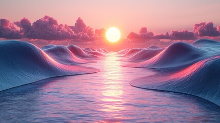 Surreal Sunset Over Wavy Landscape: Dreamy Pink and Blue Hues, Serene Scene.