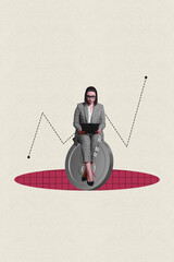 Sketch poster zine collage of puzzled girl guy receive arrow decline recession bankruptcy problem...