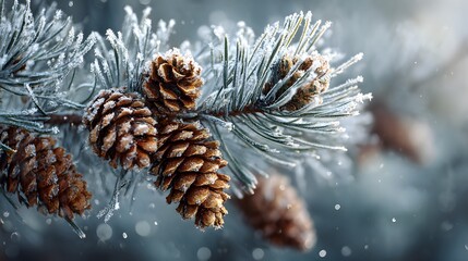 Ultra-detailed macro photography of a frost-covered pine branch with glistening pinecones, emphasizing natural textures and the serene quietude of winter nature