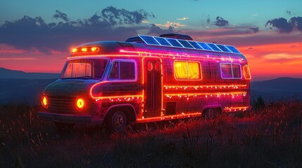 Illuminated RV at Sunset: Neon Lights, Solar Panels, and Dreamy Landscape.