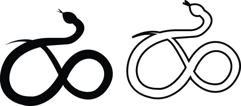 Black snake icon set in flat and line style, serpent silhouette and outline collection featuring coiled, crawling and abstract snake shapes, minimal monochrome vector graphic group