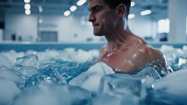Man immersed in ice bath therapy
