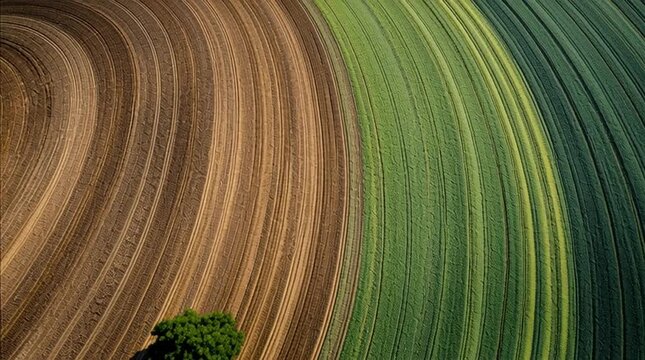 Aerial view of cultivated field transformed into a natural canvas, where precise crop lines create abstract shapes and negative space, ideal for logo placement, branding concepts, and creative agricul