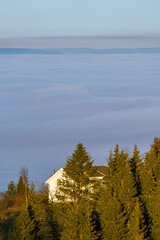 Evening mist from Lake Mj&oslash;sa in the edge zone of the cultural landscape of Toten up to the Toten&aring;sen Hills, Norway, in November 2024.