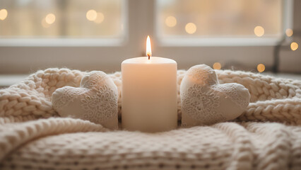 White Candle and Heart Decor on Soft Fabric &mdash; Cozy Romantic Valentine&rsquo;s Day or Wedding Banner