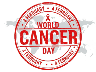 World cancer day logo with red stamp on gray background isolated on transparent background
