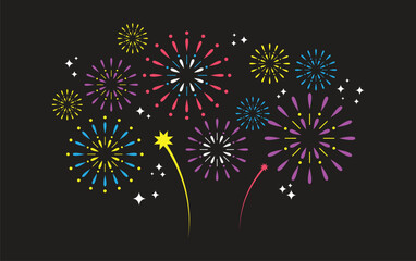 Colorful fireworks bursting in the night sky. Modern fireworks vector illustration background.