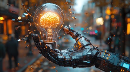 Robotic Hand Holding Glowing Brain in Exploding Lightbulb, Futuristic Concept