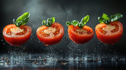 Levitating Tomato Halves with Basil, Pepper, and Water Droplets on Dark Surface