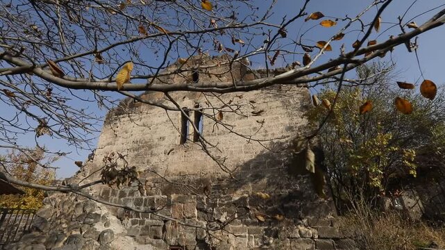 This video captures the timeless beauty of ancient stone ruins, likely a historical church or monastery, under a clear blue sky. Bare tree branches with lingering autumn leaves frame the weathered wal