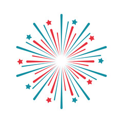 Explosion of red and blue fireworks with stars vector illustration.
