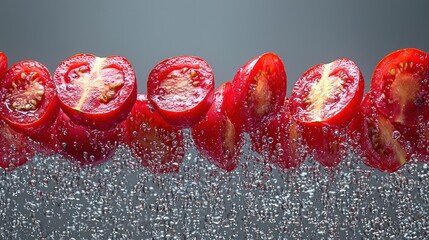 Sliced Tomatoes in Water: Freshness, Bubbles, and Vibrant Red Colors.