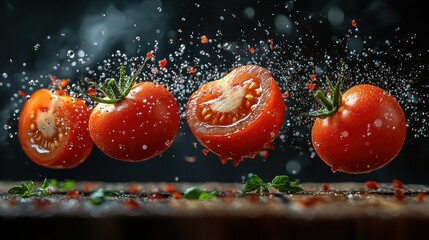 Dynamic Tomato Splash: Freshness Explodes with Water Droplets and Vibrant Colors.