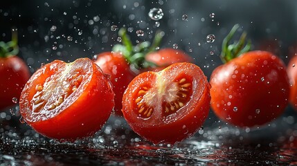 Freshly Cut Tomatoes with Water Droplets, Vibrant Red, Macro Photography.