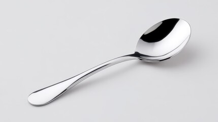 Close-up of a reflective silver spoon against a clean white surface