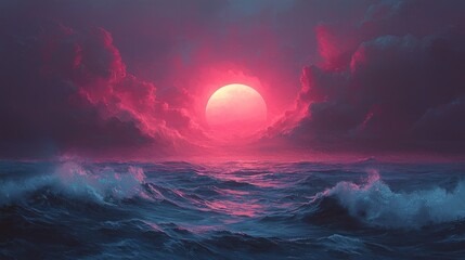 Dramatic Pink Sunset Over Ocean Waves: Atmospheric Digital Painting