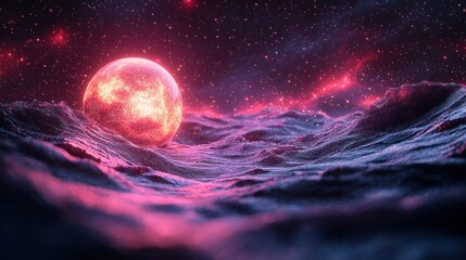 Cosmic Sphere Above Alien Ocean, Illuminated by Stellar Light, Surreal Fantasy.