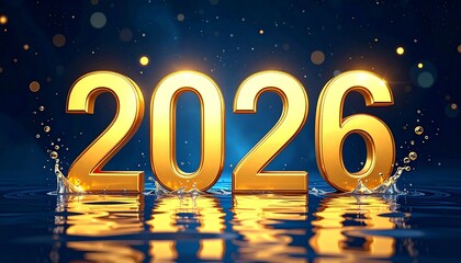 Golden 3D “2026” numerals on reflective water surface, dark blue background with glowing festive particles.