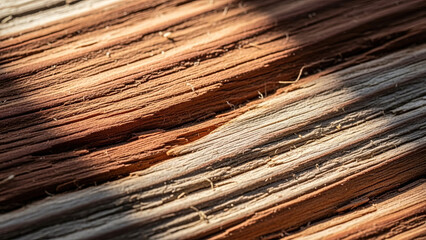 Weathered wood surface with natural texture and warm sunlight