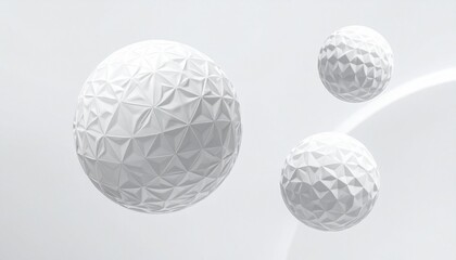 Three white faceted spheres floating in minimal light gray space with curved arc and soft shadows.