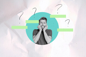 Art trend collage of person scared decision with little square question circle on white green color...