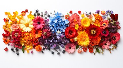 Vibrant Floral Rainbow: Colorful Assortment of Flowers Arranged on White Background.