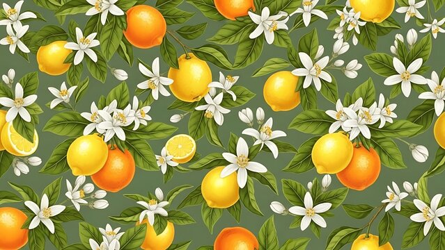 Vibrant orange fruits and white flowers pattern on green background