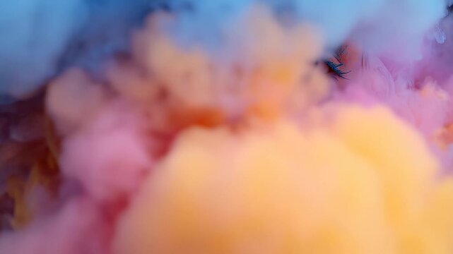 In this photo a womans face is encircled by vibrant clouds of colored smoke creating a visually striking effect A psychedelic interpretation of opioid induced euphoria
