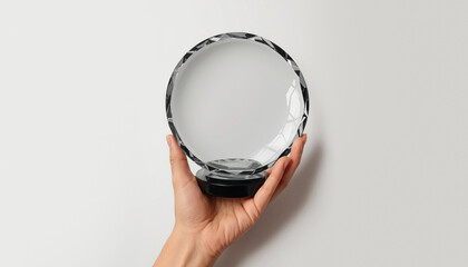 Hand holding transparent round glass award, ai generated