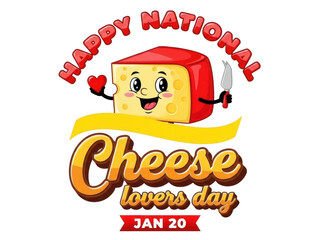 Happy national cheese lovers day cartoon cheese character with a knife and heart on a transparent background