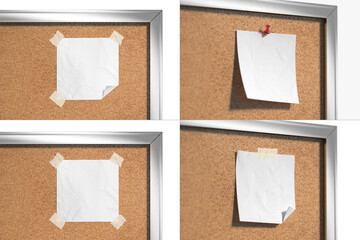 Blank white pinned and taped paper note on cork-board mockup