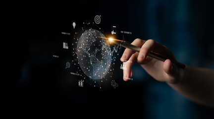 Global business network connecting digital economy and data exchange. Global business expands market, business shares data, global drives finance, and global business supports insight. Latch