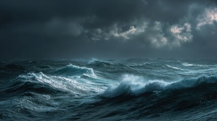 Powerful stormy ocean waves under a dark dramatic sky during a tempest at sea