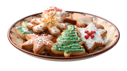 Homemade gingerbread and chocolate heart cookies decorated with sweet icing and candy are served on a holiday plate as a delicious Christmas dessert snack