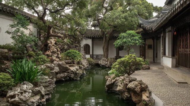 Ultra HD Tranquil traditional chinese garden with pond, rockery, lush greenery, and classical architecture under an overcast sky video