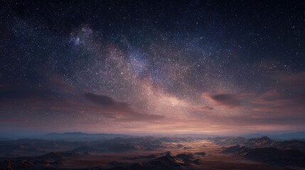 Obraz premium Spectacular Milky Way galaxy over a vast desert landscape at night with a glowing horizon