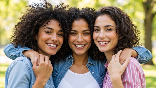 A happy group of three diverse young women friends smiling together. Portrait of a multi-ethnic female group embracing outdoors in a park