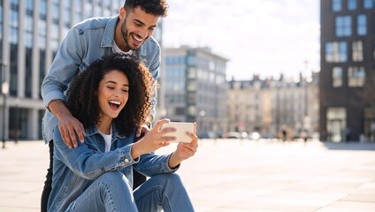 Happy young couple laughing while using a smartphone outdoors in the city. Smiling man and woman watching a video together. Modern relationship and technology concept with copy space