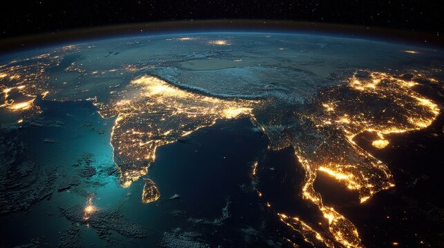 Satellite view of Earth at night showing glowing city lights of India and Southeast Asia from space