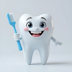 A Smiling Cartoon Tooth Holding a Toothbrush.
