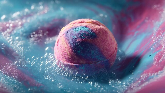 Ultra HD Closeup of a colorful pink and blue bath bomb dissolving in water with bubbles, macro shot of spa and relaxation product video