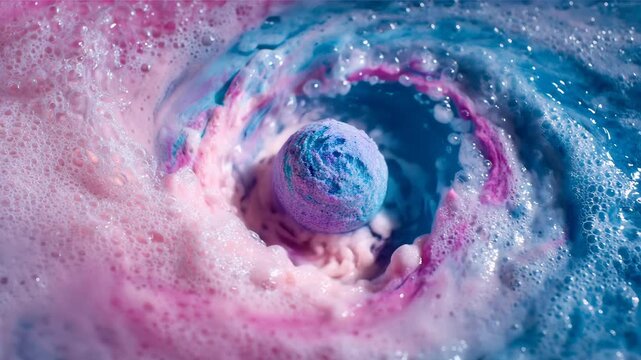 Ultra HD Closeup of a colorful bath bomb dissolving in water creating pink and blue foam and bubbles, abstract swirling vortex video